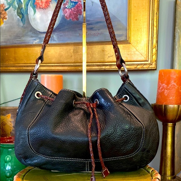 Fossil Drawstring Hobo Shoulder Black Pebbled Leather Bag - Picture 1 of 11